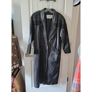 Vintage Winlit Leather Trench Coat Womens Large Black Paisley Embossed 80s 90s